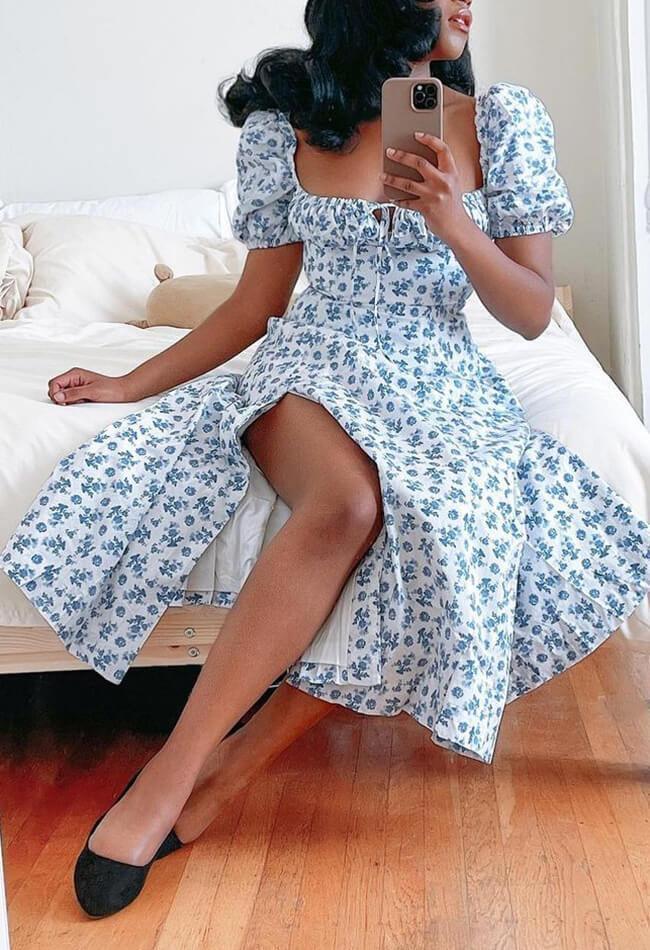 Blue Puff Sleeve Maxi Dress