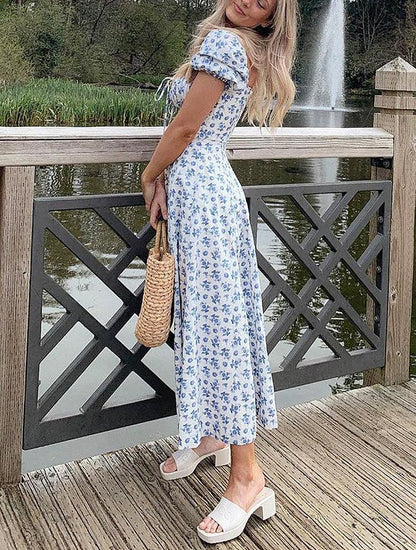 Blue Puff Sleeve Maxi Dress