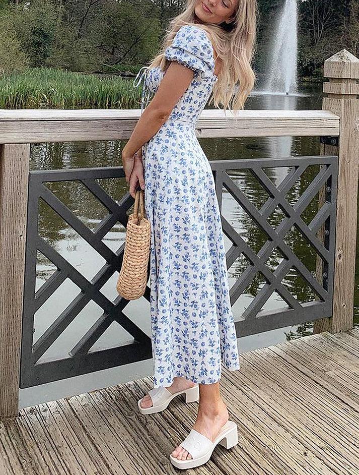Blue Puff Sleeve Maxi Dress