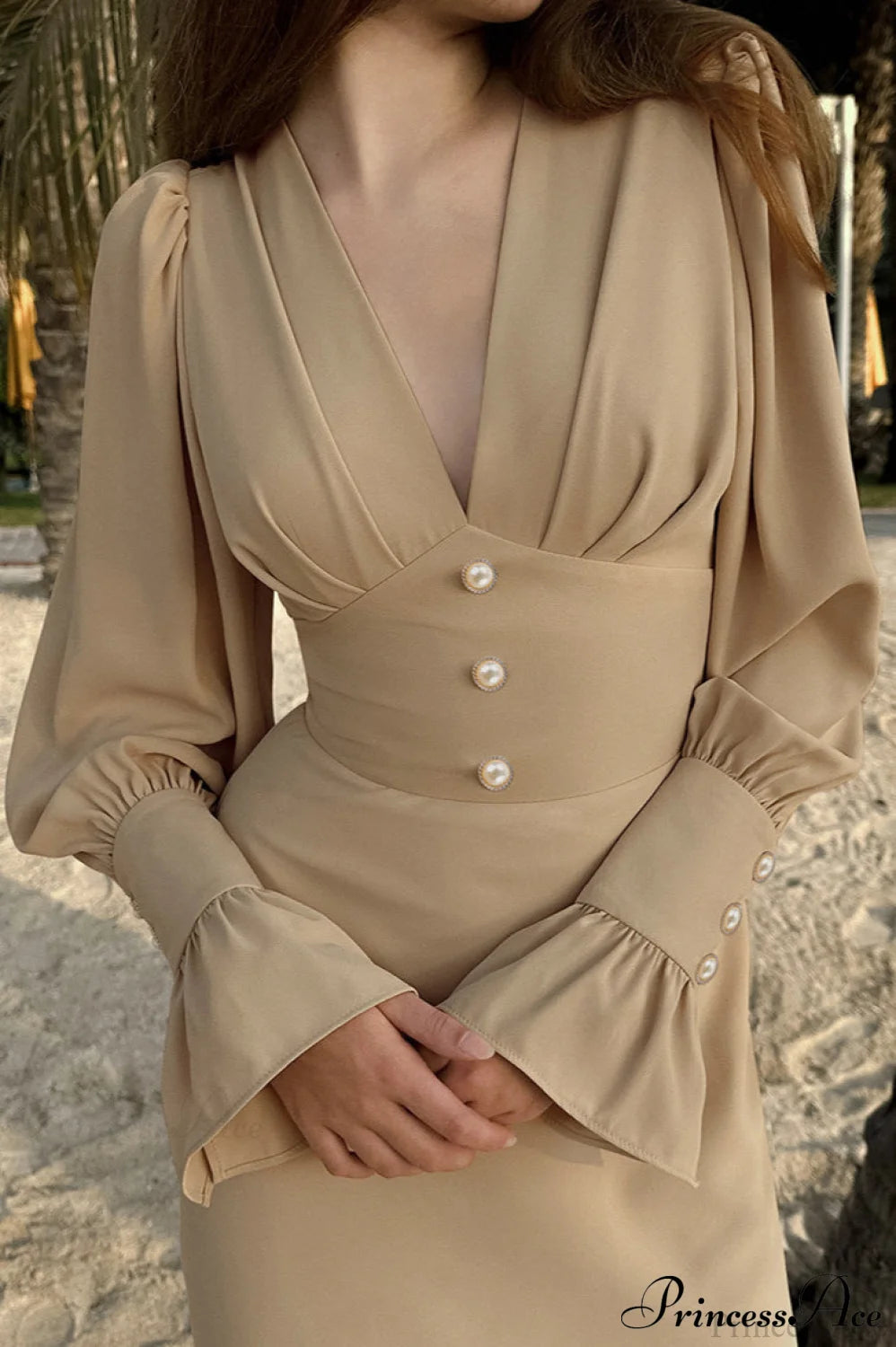 Puff Sleeve V Neck Slim Maxi Dress