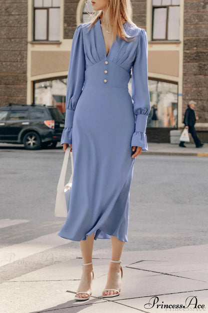 Puff Sleeve V Neck Slim Maxi Dress