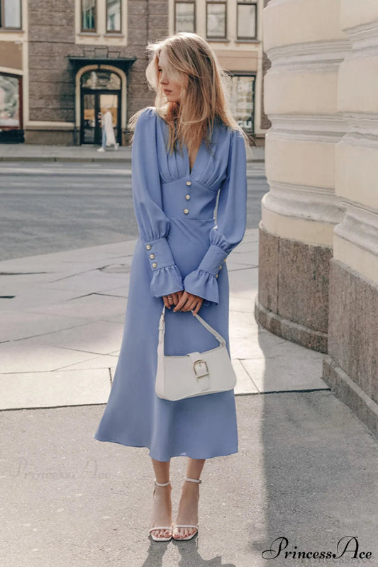 Puff Sleeve V Neck Slim Maxi Dress