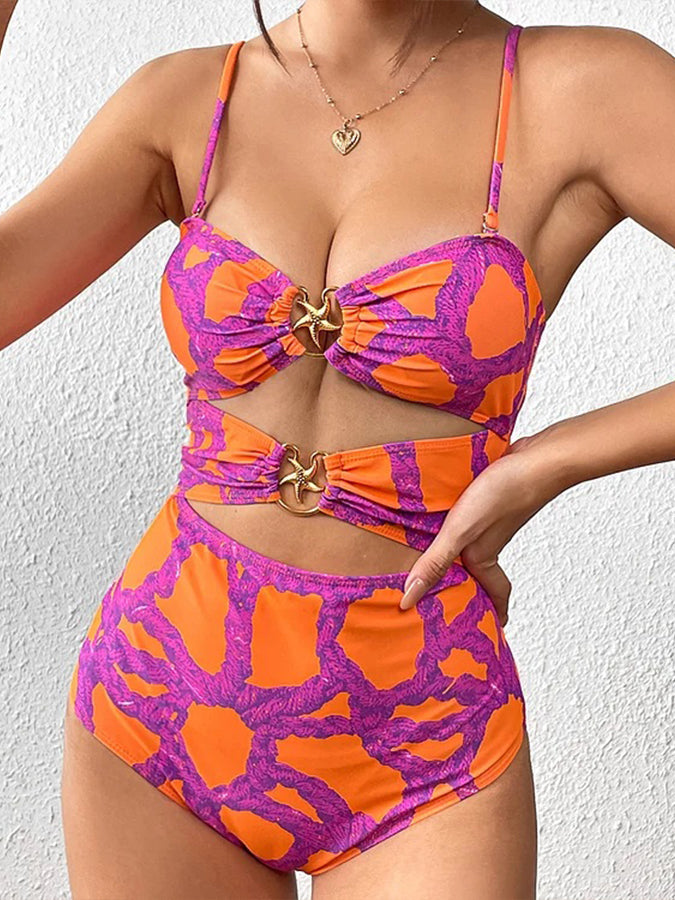 Starfish Printed Cutout One Piece Swimsuit and Cardigan