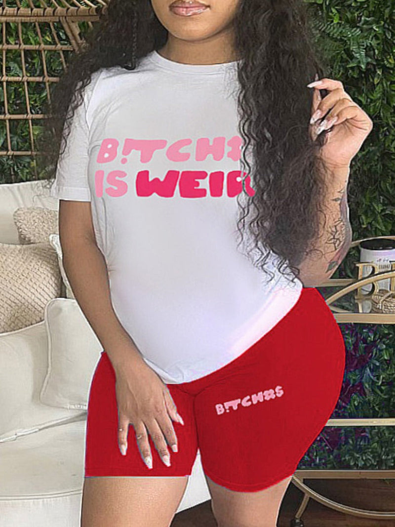 Round Neck Letter Print Shorts Set Ar508