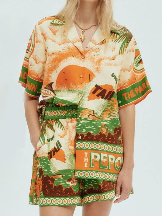 Unique Printed Sunny Afternoon Printed Shorts Two-piece Set