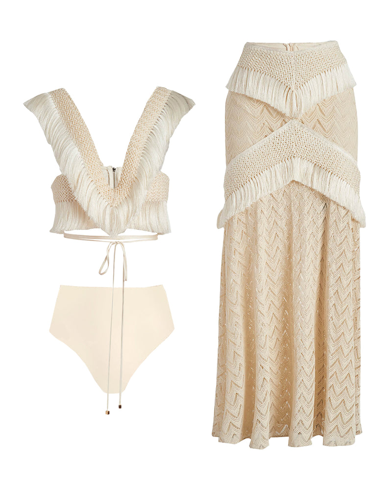 Beach Fringed Color Bikini Swimsuit and Skirt
