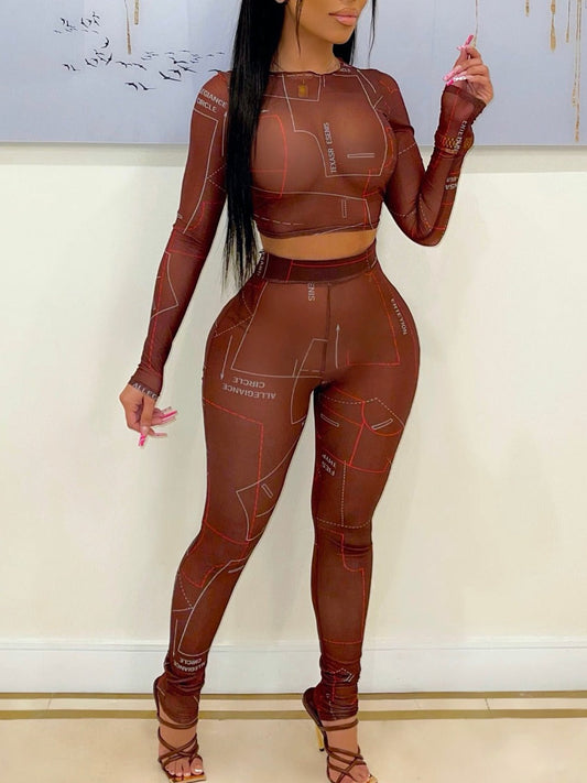 Crop Top Letter Print See Through Skinny Pants Set Bo2140
