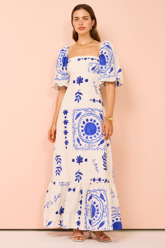 Mediterranean-puff Sleeve Midi Dress