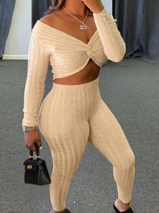 Basics Crop Top Front Twist High Waist Pants Set Bo1147
