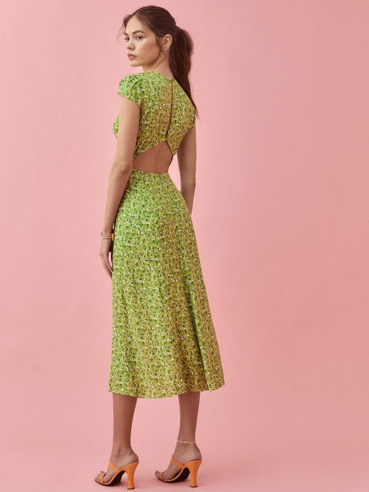 Rachel Printed Round Neck Slit Midi Sundress