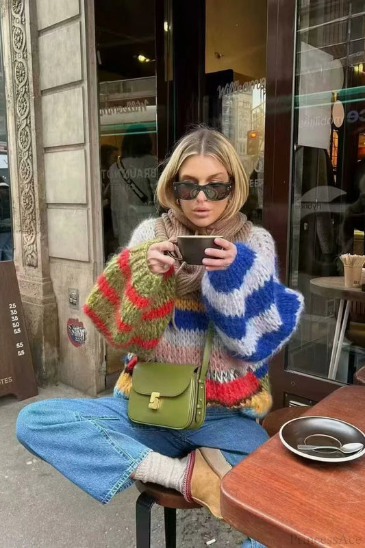 Rainbow Stripe Versatile Crewneck Long Sleeve Knit Sweater