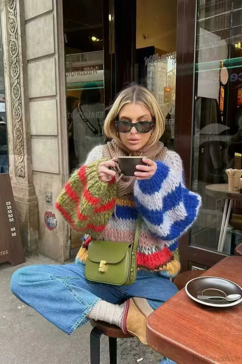 Rainbow Stripe Versatile Crewneck Long Sleeve Knit Sweater