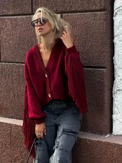 Red Tassels Patchwork V Neck Single-breasted Loose Christmas Sweater