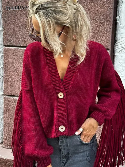 Red Tassels Patchwork V Neck Single-breasted Loose Christmas Sweater
