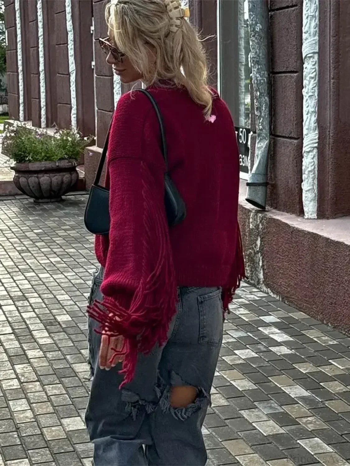 Red Tassels Patchwork V Neck Single-breasted Loose Christmas Sweater