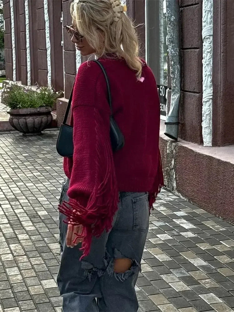 Red Tassels Patchwork V Neck Single-breasted Loose Christmas Sweater