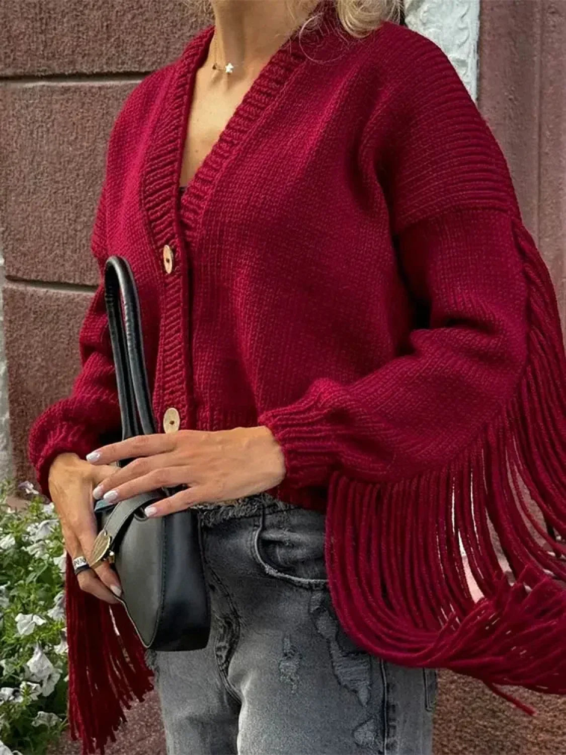 Red Tassels Patchwork V Neck Single-breasted Loose Christmas Sweater
