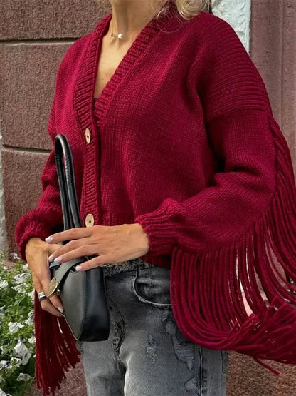 Red Tassels Patchwork V Neck Single-breasted Loose Christmas Sweater