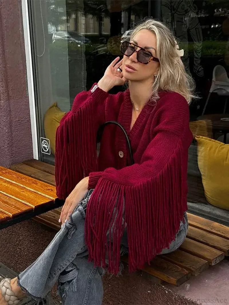 Red Tassels Patchwork V Neck Single-breasted Loose Christmas Sweater