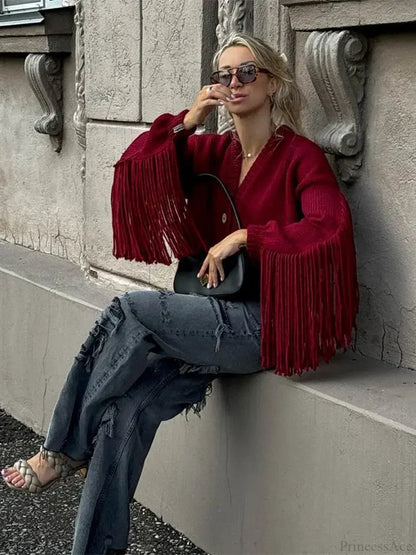 Red Tassels Patchwork V Neck Single-breasted Loose Christmas Sweater