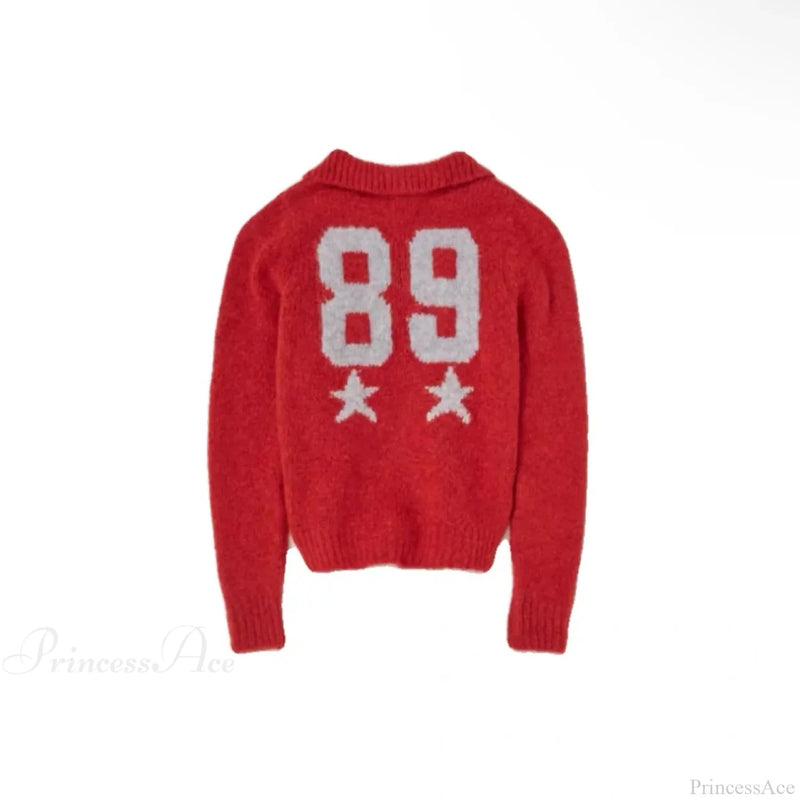 Red Wool Blend Knitted Crochet Letter Lapel Christmas Sweater