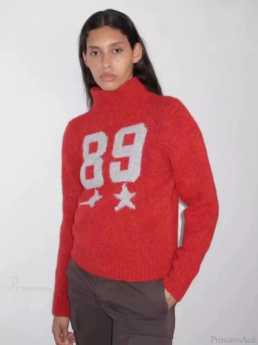 Red Wool Blend Knitted Crochet Letter Lapel Christmas Sweater