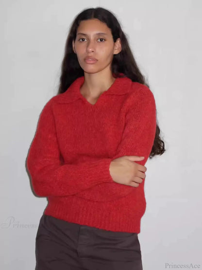 Red Wool Blend Knitted Crochet Letter Lapel Christmas Sweater