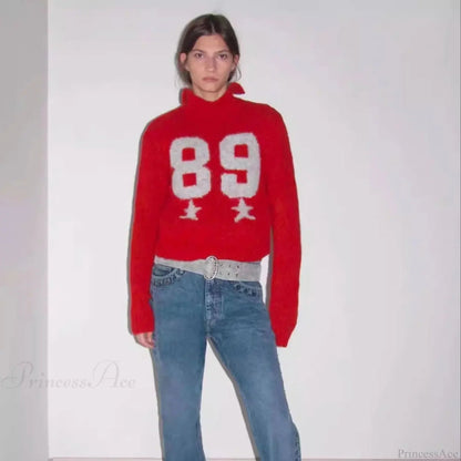 Red Wool Blend Knitted Crochet Letter Lapel Christmas Sweater
