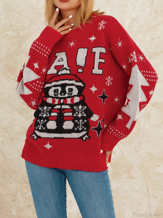 Reindeer Patterned Crew Neck Long Sleeve Knitwear Rib-knit Hem Christmas Sweater