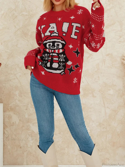 Reindeer Patterned Crew Neck Long Sleeve Knitwear Rib-knit Hem Christmas Sweater