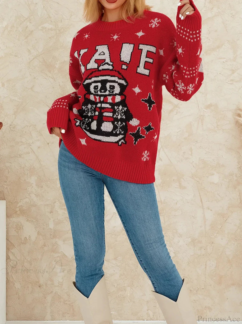 Reindeer Patterned Crew Neck Long Sleeve Knitwear Rib-knit Hem Christmas Sweater