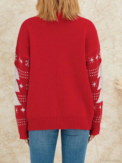 Reindeer Patterned Crew Neck Long Sleeve Knitwear Rib-knit Hem Christmas Sweater