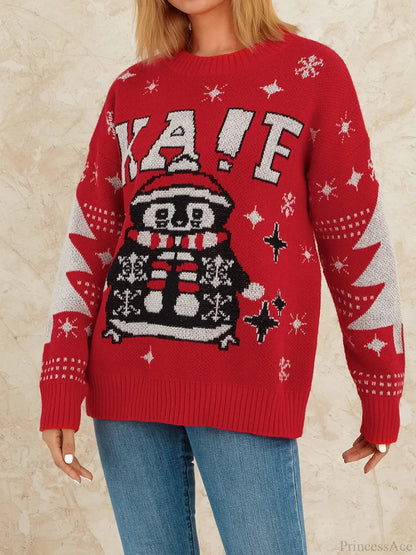 Reindeer Patterned Crew Neck Long Sleeve Knitwear Rib-knit Hem Christmas Sweater