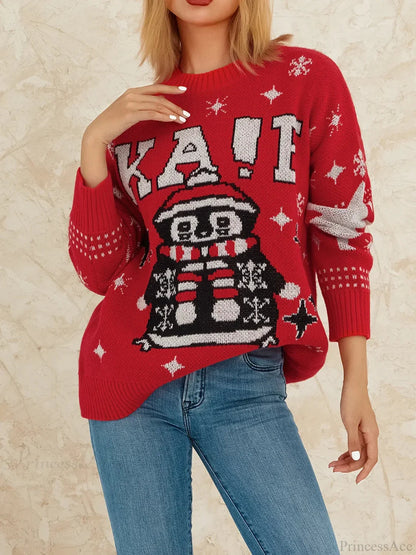 Reindeer Patterned Crew Neck Long Sleeve Knitwear Rib-knit Hem Christmas Sweater