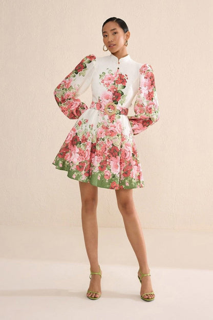 Renata Printed Balloon Sleeves Midi Dress