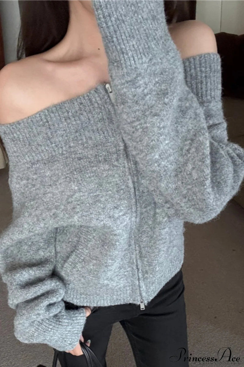 Retro Zip Off-shoulder Slim-fit One-size Knit Cardigan