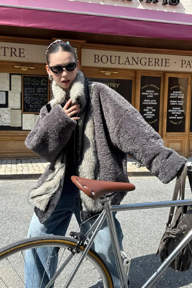 Reversible Patchwork Color Block Fleece Coat