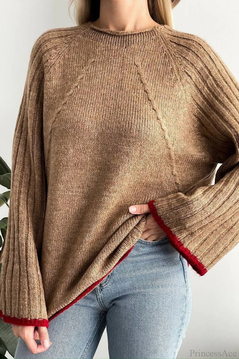 Rewneck Ribbed Base Bell Sleeve Loose Sweater