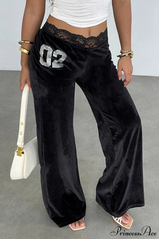 Rhinestone Lace Waist Patchwork Velvet Pants