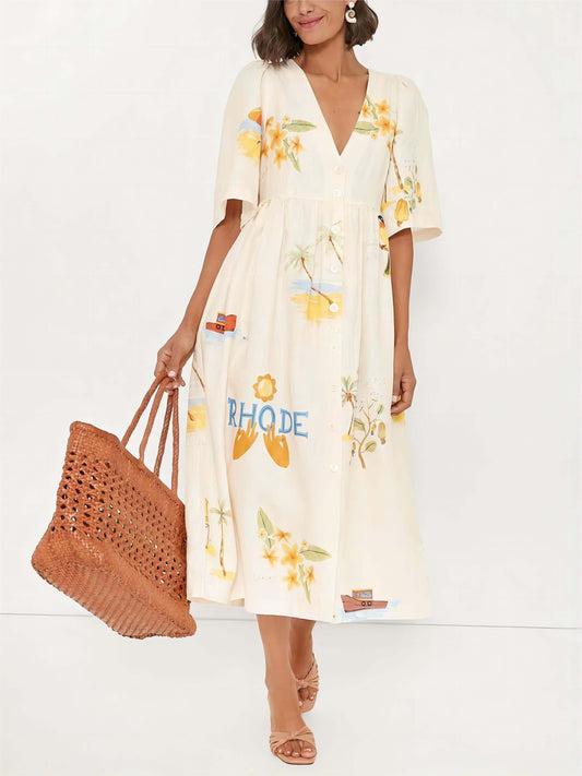 Folk Print Unique Holiday Puff Sleeve Midi Dress