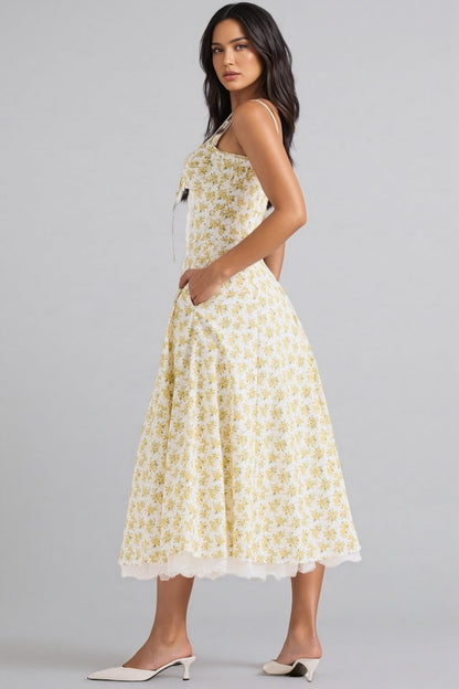 Emork White Print Cotton Midi Dress