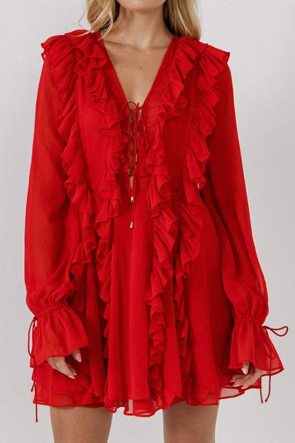 Rosalind Ruffle Tiered Lace Up A-line Mini Dress