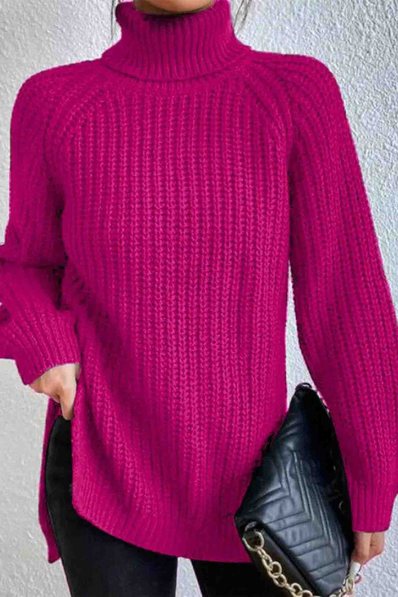 Raglan Sleeve Turtleneck Slit Mid-length Sweater