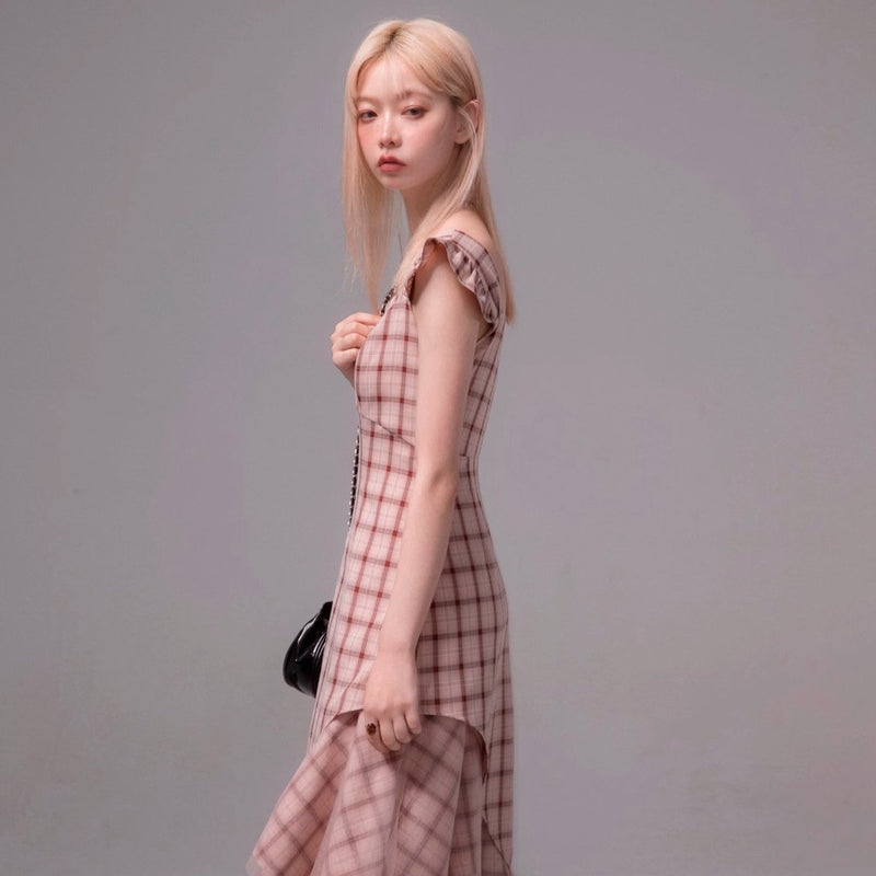 Blush Plaid Flutter Midi Dress
