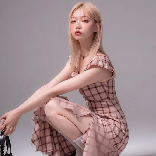 Blush Plaid Flutter Midi Dress