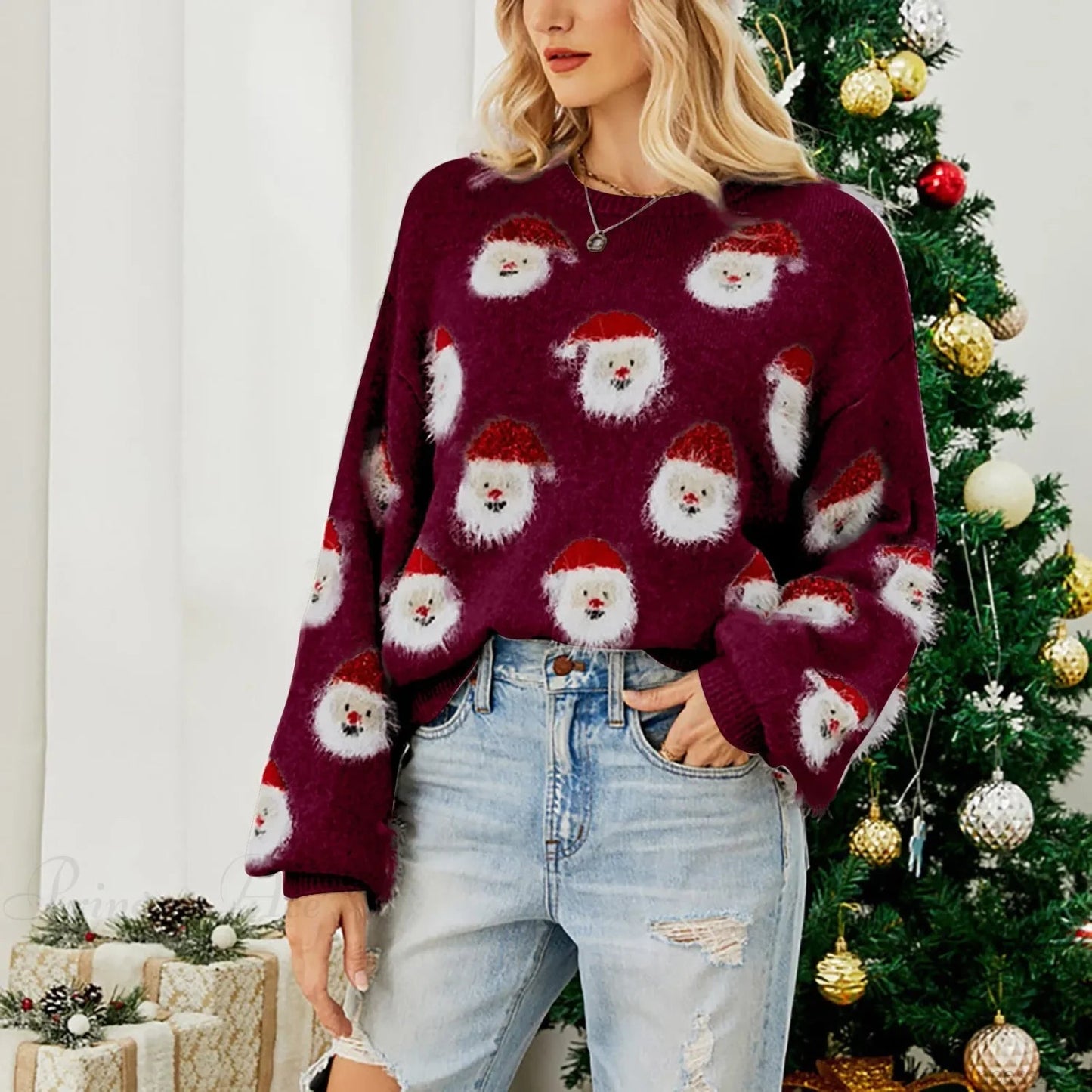 Round Neck Oversized Warm Christmas Santa Head Christmas Sweater