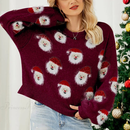 Round Neck Oversized Warm Christmas Santa Head Christmas Sweater