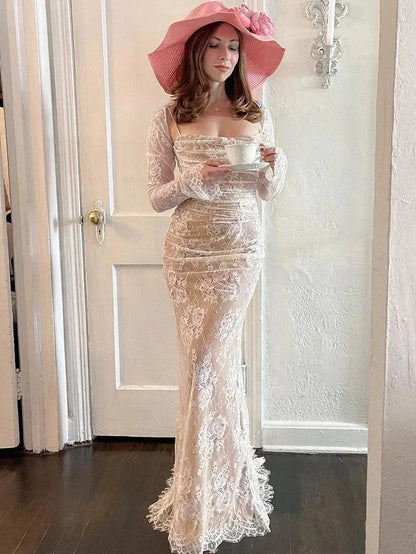 Mesh Lace Spaghetti Strap Maxi Dress With Shrug