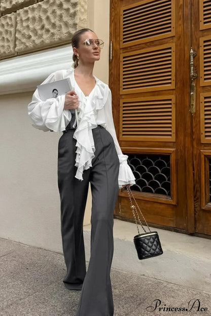 Ruffled V-neck Long-sleeve Tie-waist French Blouse