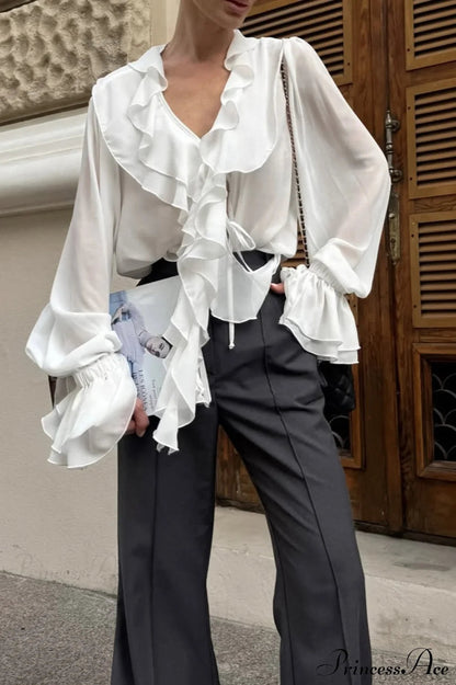 Ruffled V-neck Long-sleeve Tie-waist French Blouse